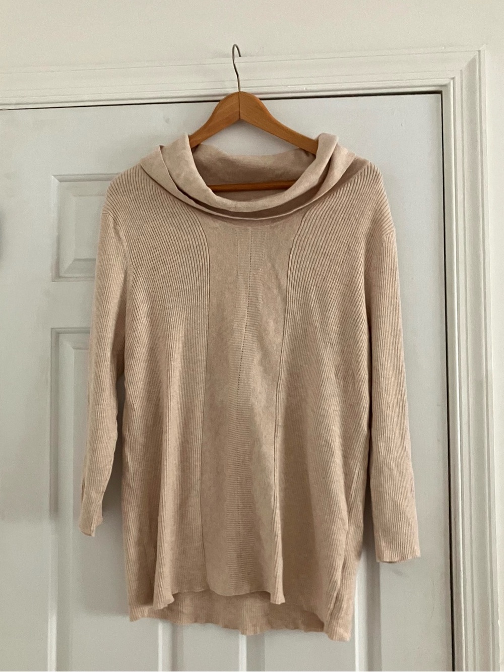 Christopher Banks Beige Casual Cozy Fall Cowl Neck Rib Knit Sweater-Size XL
